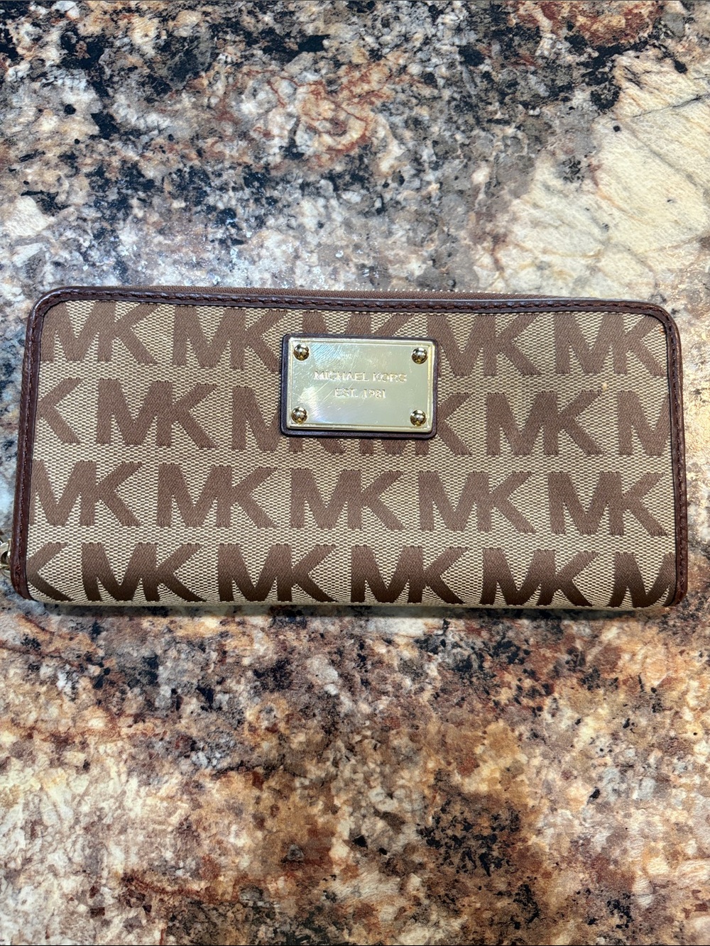 Michael Kors Brown and Tan MK Logo Zip Wallet